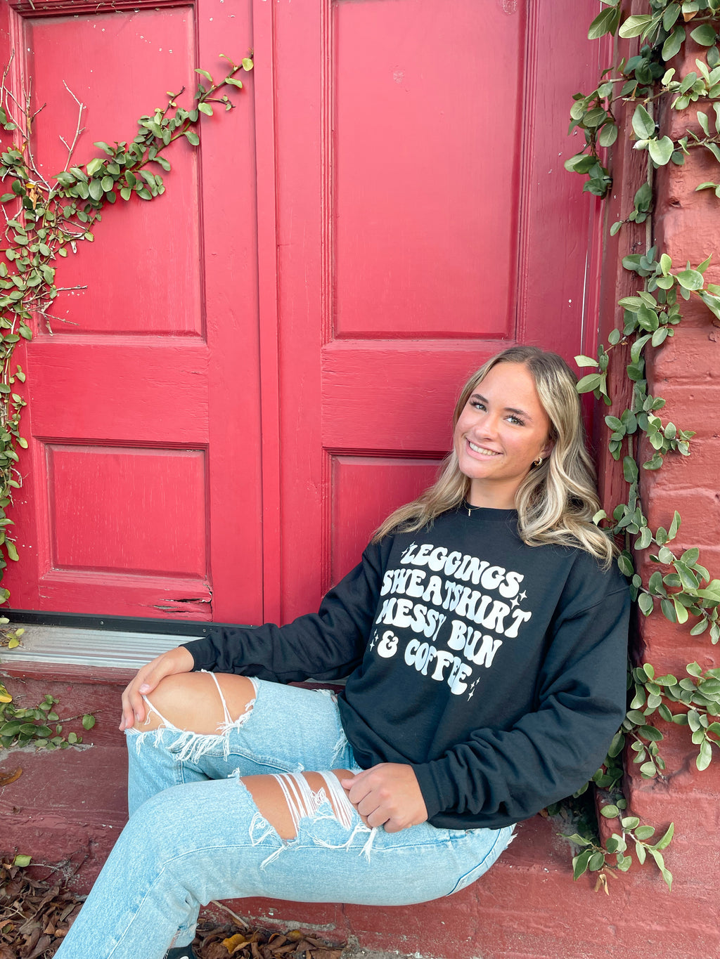 Leggings, Sweatshirt, Messy Bun and Coffee
